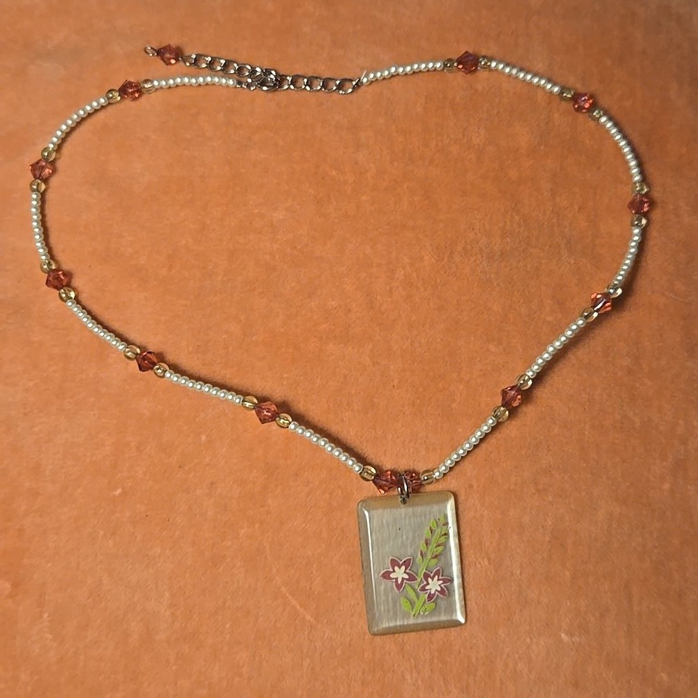 Hand Painted Floral Pendant Necklace 9 Inch Beaded Chain Glass‎ Look Rectangle